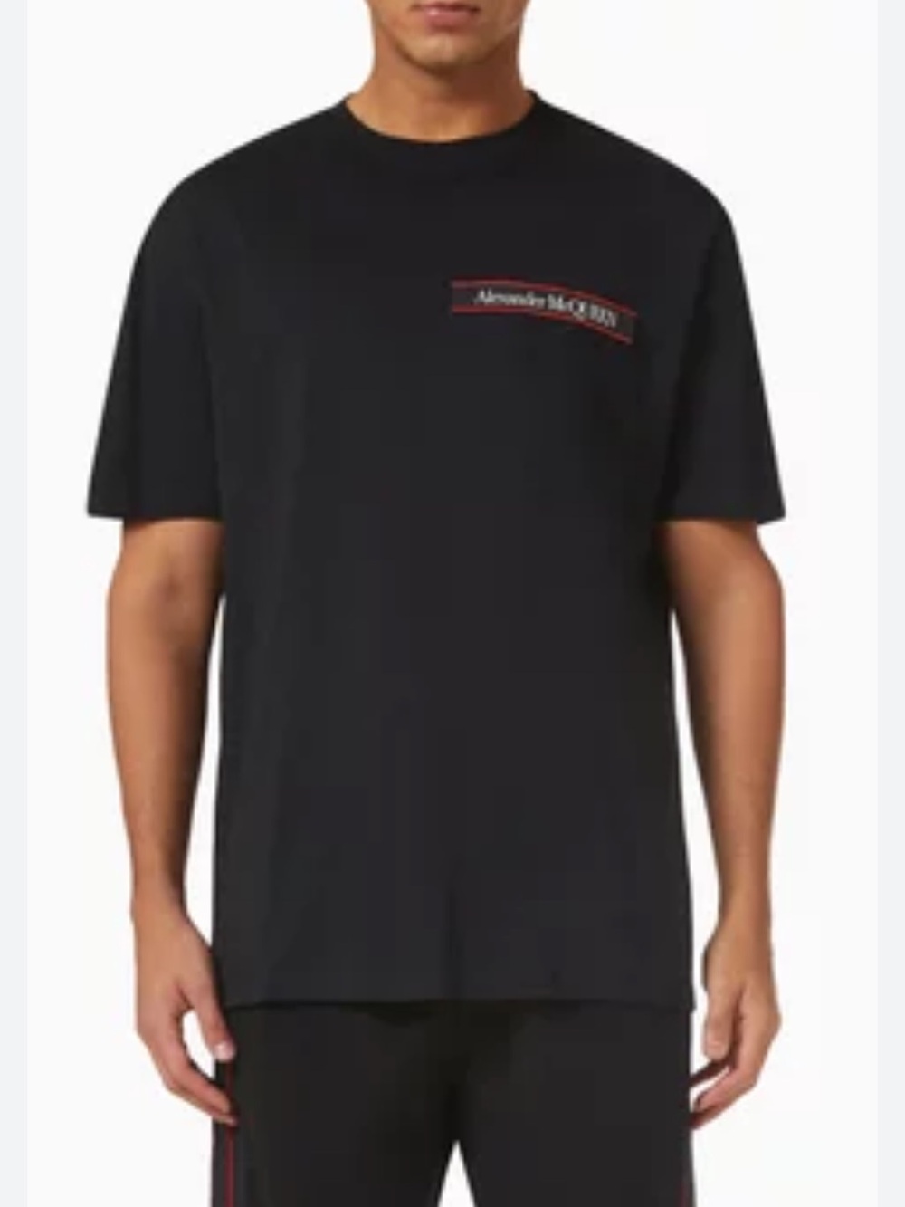 Alexander McQueen Black T-Shirt with Red and White Logo Tape